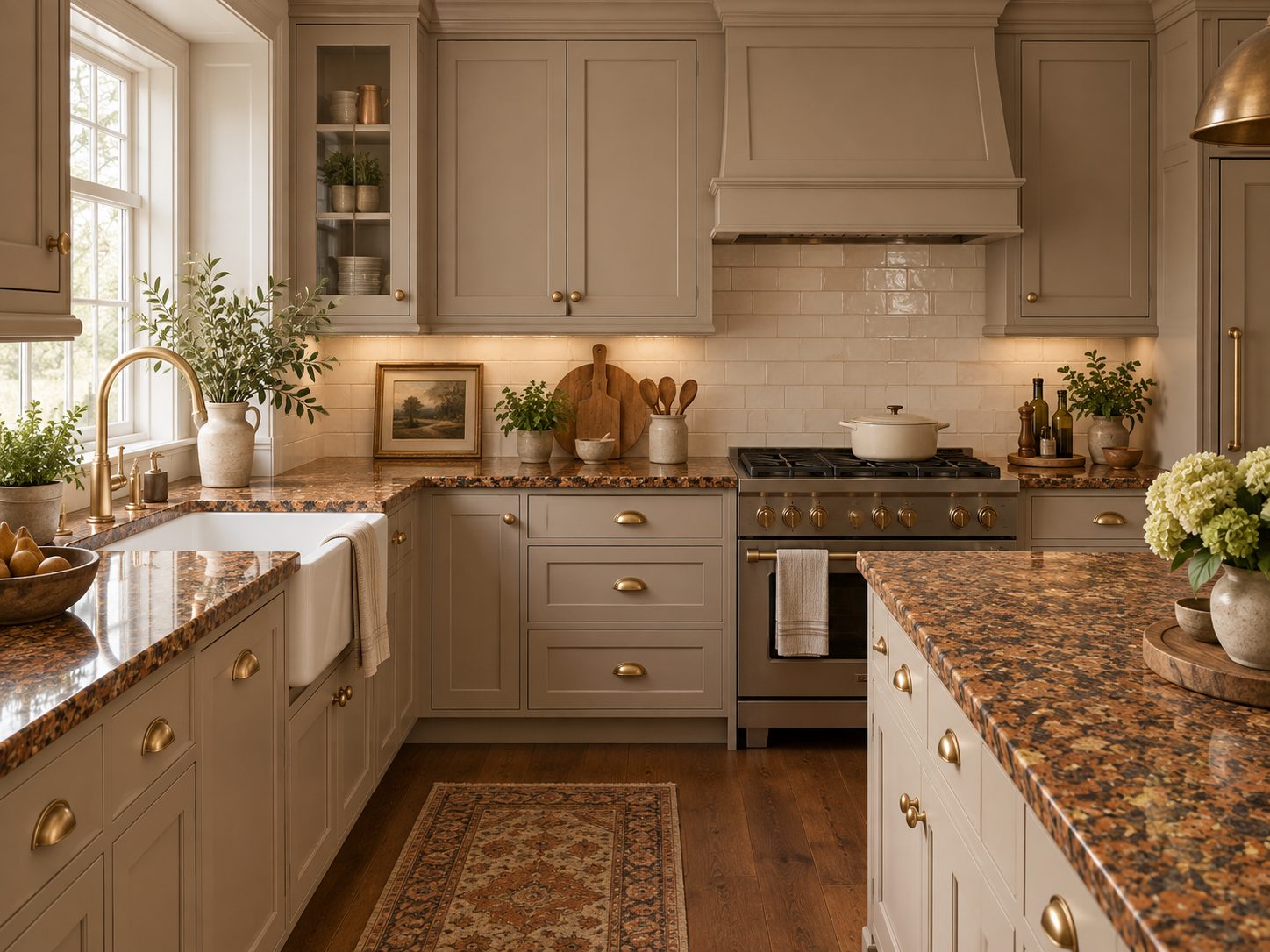 Kitchen with taupe Shaker cabinets, brass cup pulls, granite counters, a farmhouse sink and a range hood
